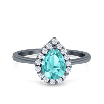 Teardrop Halo Art Deco Pear Wedding Ring Black Tone, Simulated Paraiba Tourmaline CZ 925 Sterling Silver